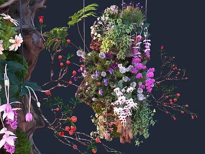 Natural Feature Wall With Lush Greenery Colorful Flowers And Hanging Plants 3d model
