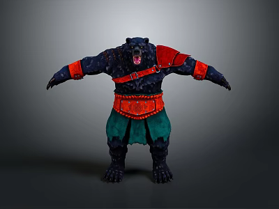 Bear Warrior Character With Red Green Armored Attire And Fierce Open Arms Stance 3d model