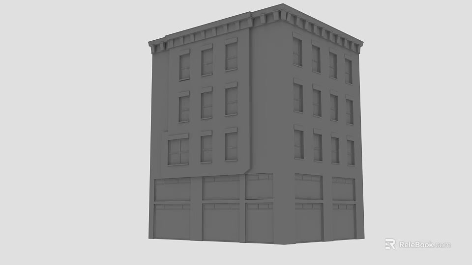 Gray Multi Story Building Exterior With Windows And Ground Floor Garage Doors 3d model 