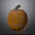 Orange Pumpkin With Green Stem And Textured Surface On Black Background