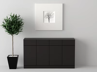 Modern Living Room Featuring Black Sideboard Green Plant And Tree Artwork On Wall 3d model