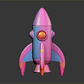 Pink Toy Rocket Model With Red Eyes And Blue Accents On Black Background