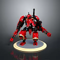 Smart Red Mechanical Robot With Weapon And Standing On Circular Base