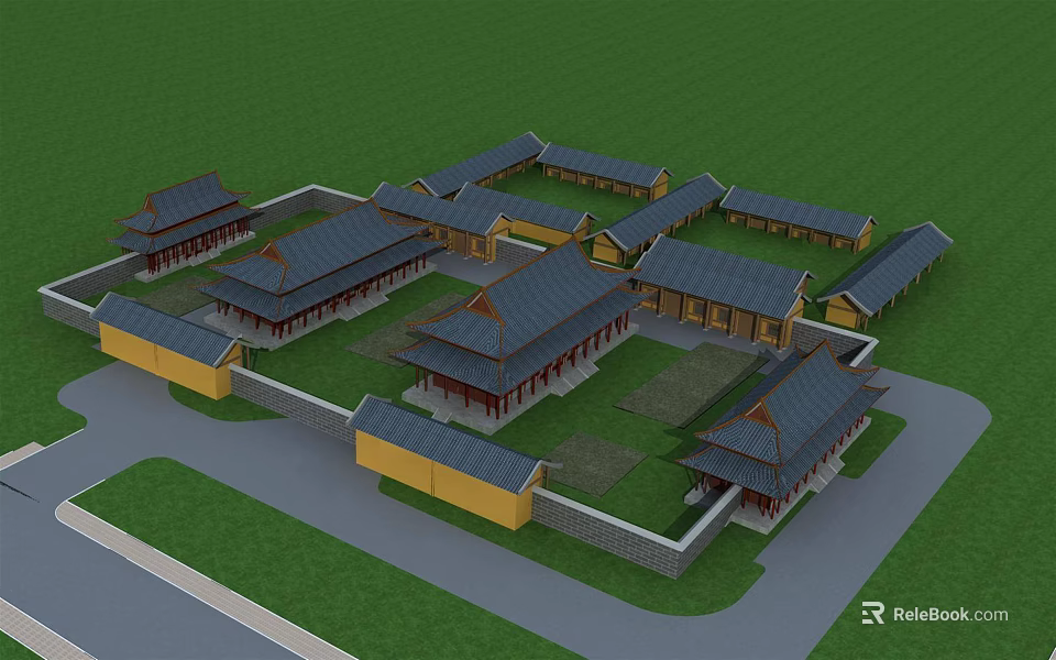 Traditional Chinese Ancient Architecture With Enclosed Layout Eaves Roofs And Green Grass Courtyard 3d model 