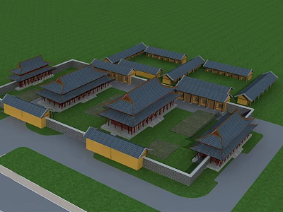 Traditional Chinese Ancient Architecture With Enclosed Layout Eaves Roofs And Green Grass Courtyard 3d model
