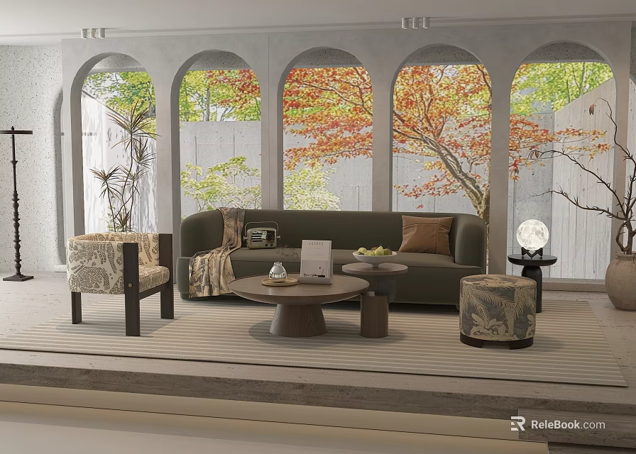 Living Room Interior Design With Arched Windows Autumn Foliage View Green Sofa And Decor Elements 3d model 