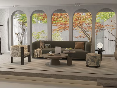 Living Room Interior Design With Arched Windows Autumn Foliage View Green Sofa And Decor Elements 3d model