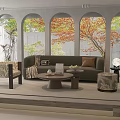 Living Room Interior Design With Arched Windows Autumn Foliage View Green Sofa And Decor Elements