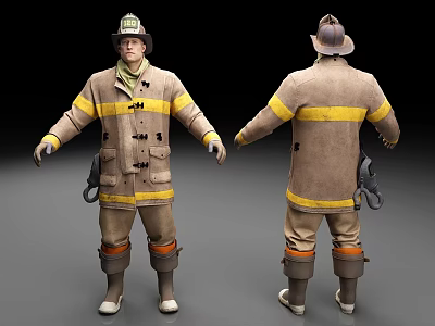 Firefighter Uniform With Yellow Stripes Helmet Boots And Tools Front Back Views 3d model