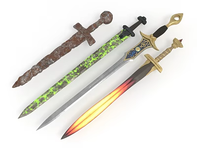 Variety of Ornate Swords with Rusted Green Patterned and Flame Effect Blades 3d model