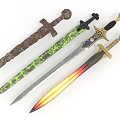 Variety of Ornate Swords with Rusted Green Patterned and Flame Effect Blades