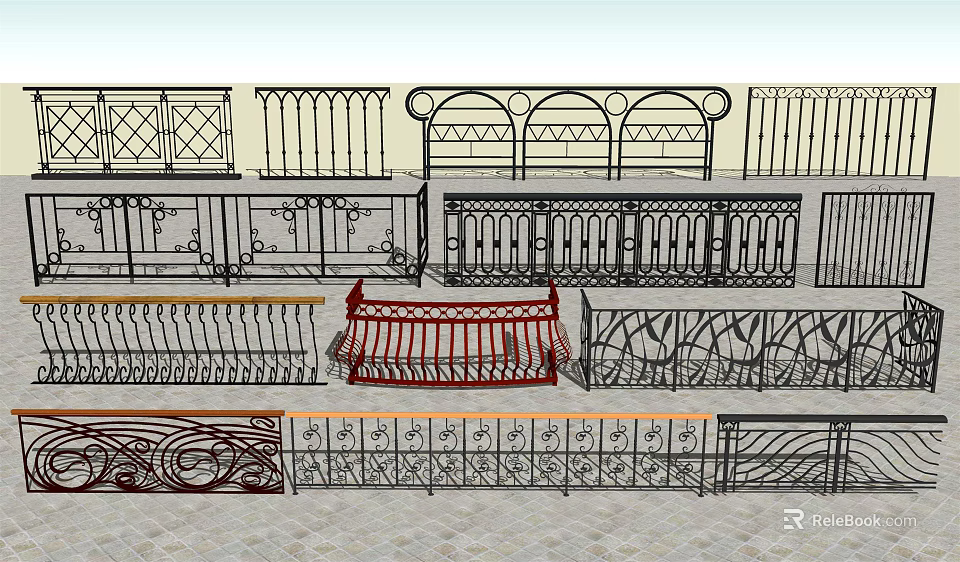 Ornate Wrought Iron Fences with Diverse Intricate Patterns and Decorative Railings 3d model 