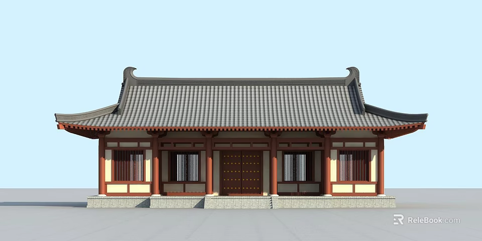 Traditional Ancient Chinese Architecture With Curved Eaves Tile Roof And Carved Wooden Doors 3d model 