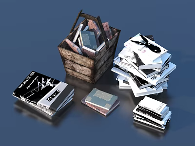 Stacked Books And Magazines With Wooden Basket On Blue Surface 3d model