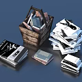 Stacked Books And Magazines With Wooden Basket On Blue Surface