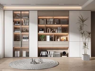 Modern Built in Bookcase With Books Decorative Items Round Rug And Tall Plant 3d model