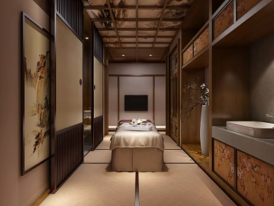 Serene SPA Sauna Wellness Room With Massage Bed Traditional Wooden Decor And Artwork 3d model