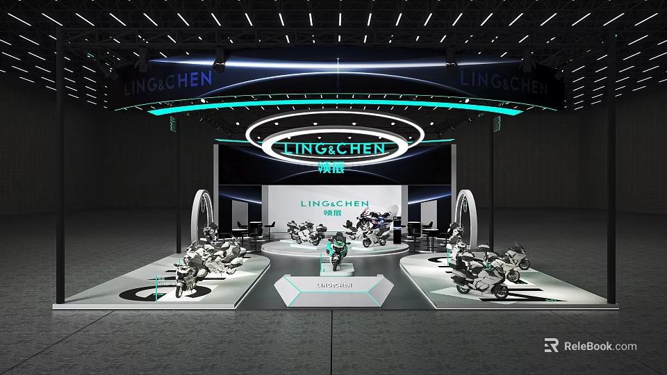 LINGCHEN Modern Exhibition Booth Featuring Product Showcase And Lighting Design 3d model 