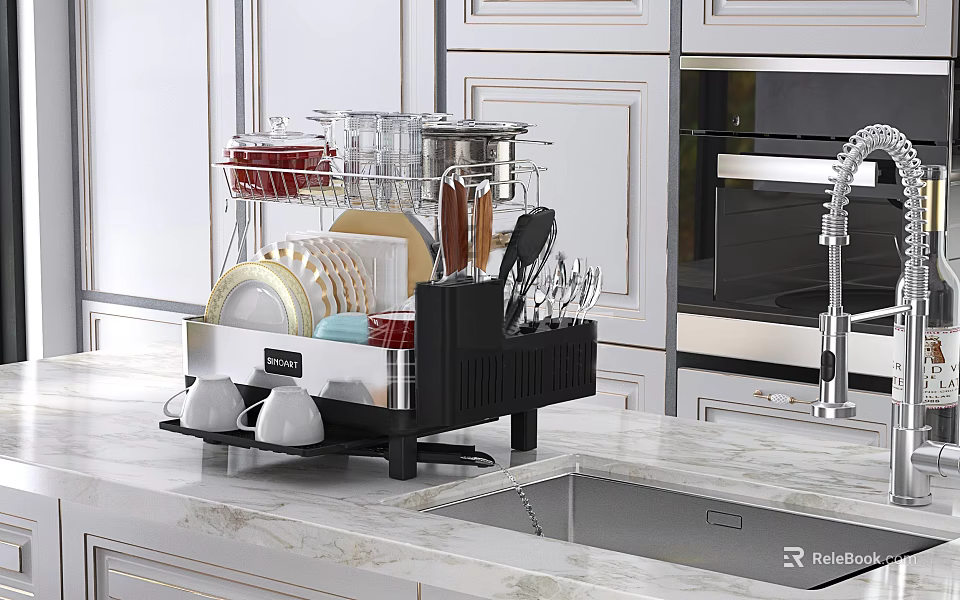Functional Restaurant Kitchen With Dish Rack Dishes Cups Cabinets And Marble Countertop Sink 3d model 
