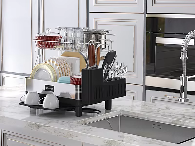 Functional Restaurant Kitchen With Dish Rack Dishes Cups Cabinets And Marble Countertop Sink 3d model