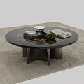 Round Coffee Table Featuring Decorative Top Wooden Legs Tea Cup Book Tray And Green Plant