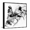 Black and White Abstract Painting Featuring Flowing Lines and Dynamic Forms on White Wall