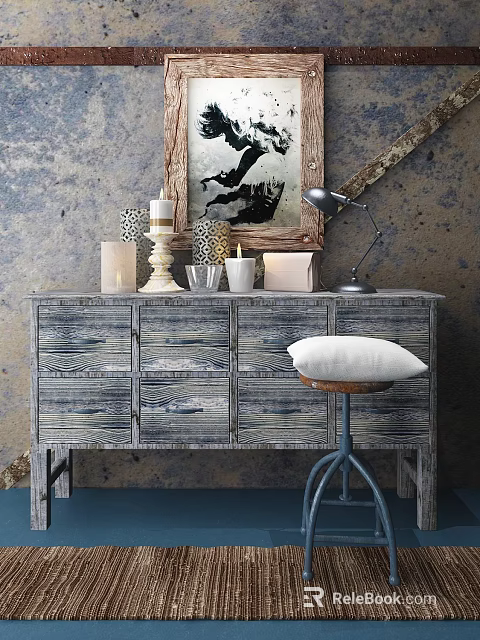 Rustic Blue Gray Wooden TV Stand With Decorative Candles Lamp And Photo Frame 3d model 