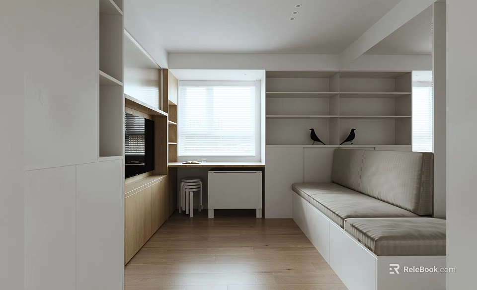 Modern Apartment Interior With Window Bookshelves Bench TV Wooden Floor And Cabinets 3d model 