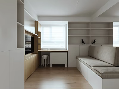 Modern Apartment Interior With Window Bookshelves Bench TV Wooden Floor And Cabinets 3d model