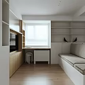 Modern Apartment Interior With Window Bookshelves Bench TV Wooden Floor And Cabinets
