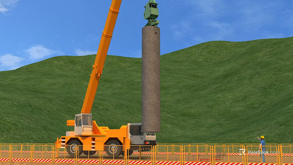 Modern Construction Site With Yellow Crane Lifting Cylindrical Pillar Against Green Hills And Blue Sky 3d model 