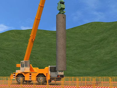 Modern Construction Site With Yellow Crane Lifting Cylindrical Pillar Against Green Hills And Blue Sky 3d model