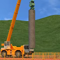 Modern Construction Site With Yellow Crane Lifting Cylindrical Pillar Against Green Hills And Blue Sky