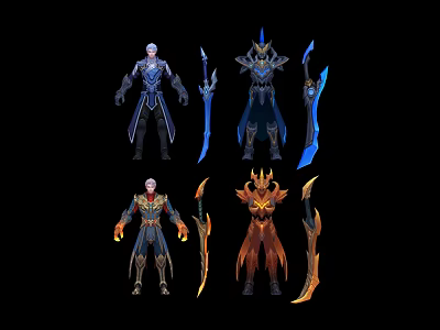 Fantasy Warrior Characters With Blue Orange Armor And Weapon Designs 3d model