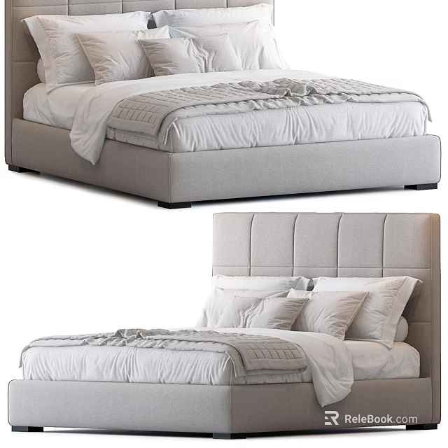 Modern Upholstered Double Bed With Soft Headboard White Sheets And Pillows 3d model 