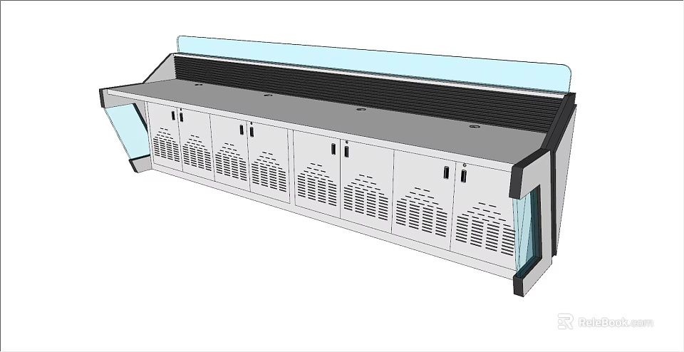 Modern Long Functional Desk With Multiple Grilled Cabinets And Transparent Panel 3d model