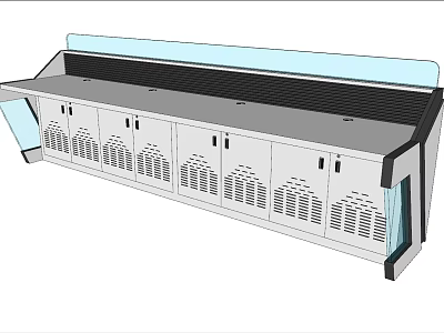 Modern Long Functional Desk With Multiple Grilled Cabinets And Transparent Panel 3d model