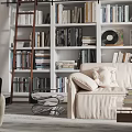 Modern Living Dining Room Interior With White Bookshelves Beige Sofa And Wooden Coffee Table