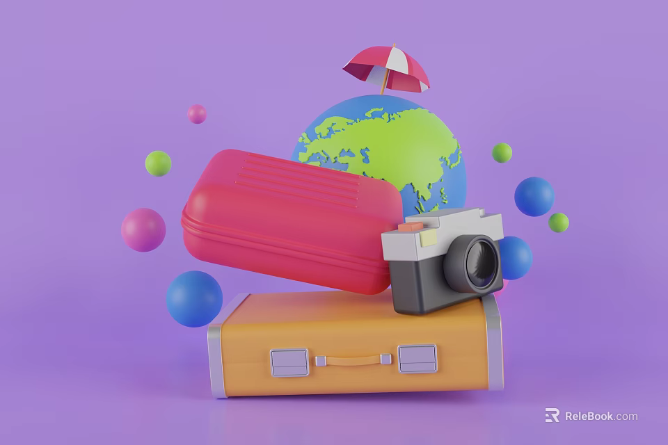 Decorative Ornament Set With Globe Suitcases Camera Umbrella And Colorful Balls On Purple Background 3d model 