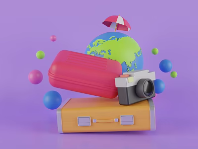 Decorative Ornament Set With Globe Suitcases Camera Umbrella And Colorful Balls On Purple Background 3d model