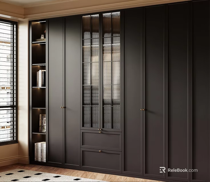 Elegant Modern Black Wardrobe With Glass Doors And Built in Bookshelves 3d model 