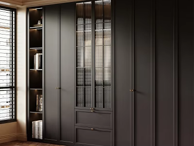 Elegant Modern Black Wardrobe With Glass Doors And Built in Bookshelves 3d model