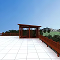 Garden Landscape Featuring Wooden Pavilion Black Roof White Tiled Platform Green Lawn And Distant Mountains