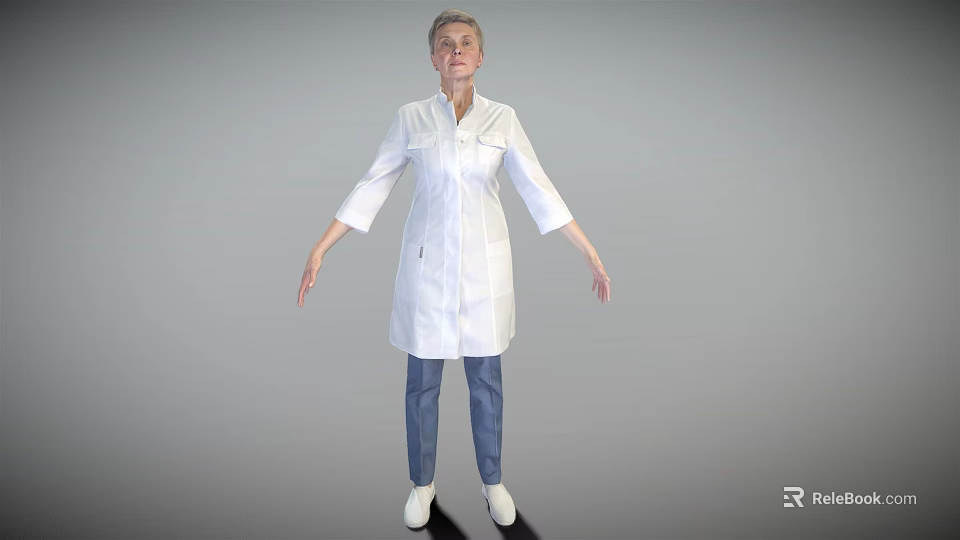 A Woman Wearing White Coat Blue Pants White Shoes with Arms Outstretched Against Gray Background 3d model 