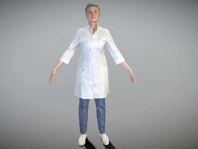 A Woman Wearing White Coat Blue Pants White Shoes with Arms Outstretched Against Gray Background 3d model