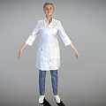 A Woman Wearing White Coat Blue Pants White Shoes with Arms Outstretched Against Gray Background