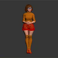 Stylish Woman in Orange Sweater and Red Skirt with Orange Stockings Red Shoes and Glasses