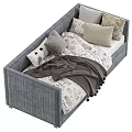 Cozy Upholstered Kids Bed in Green and Grey with Soft Pillows and Blankets