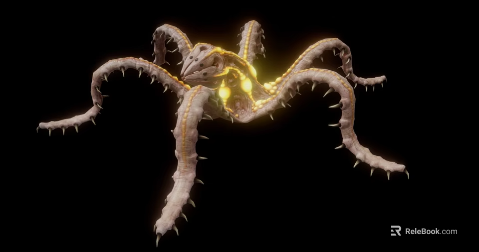 Mysterious Alien Creature With Multiple Spiked Tentacles And Glowing Yellow Lights 3d model