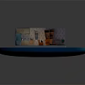 Cartoon Style Room Scene with Furniture Refrigerator Sofa Chairs Bookshelf Table Wall Decor and Window